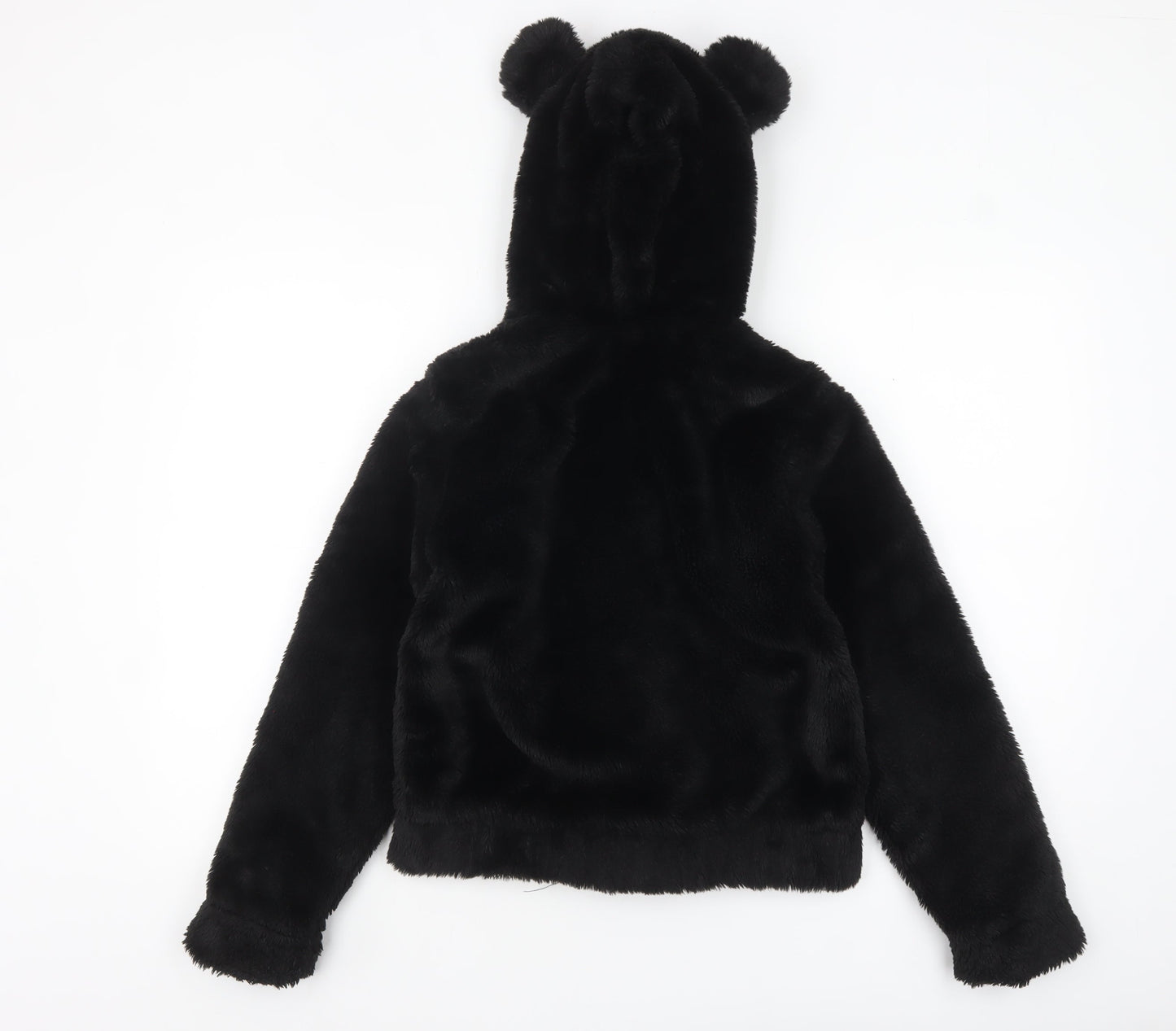 H&M Girls Black Faux Fur Hooded Jacket 11-12 Years Lined Animal Ears