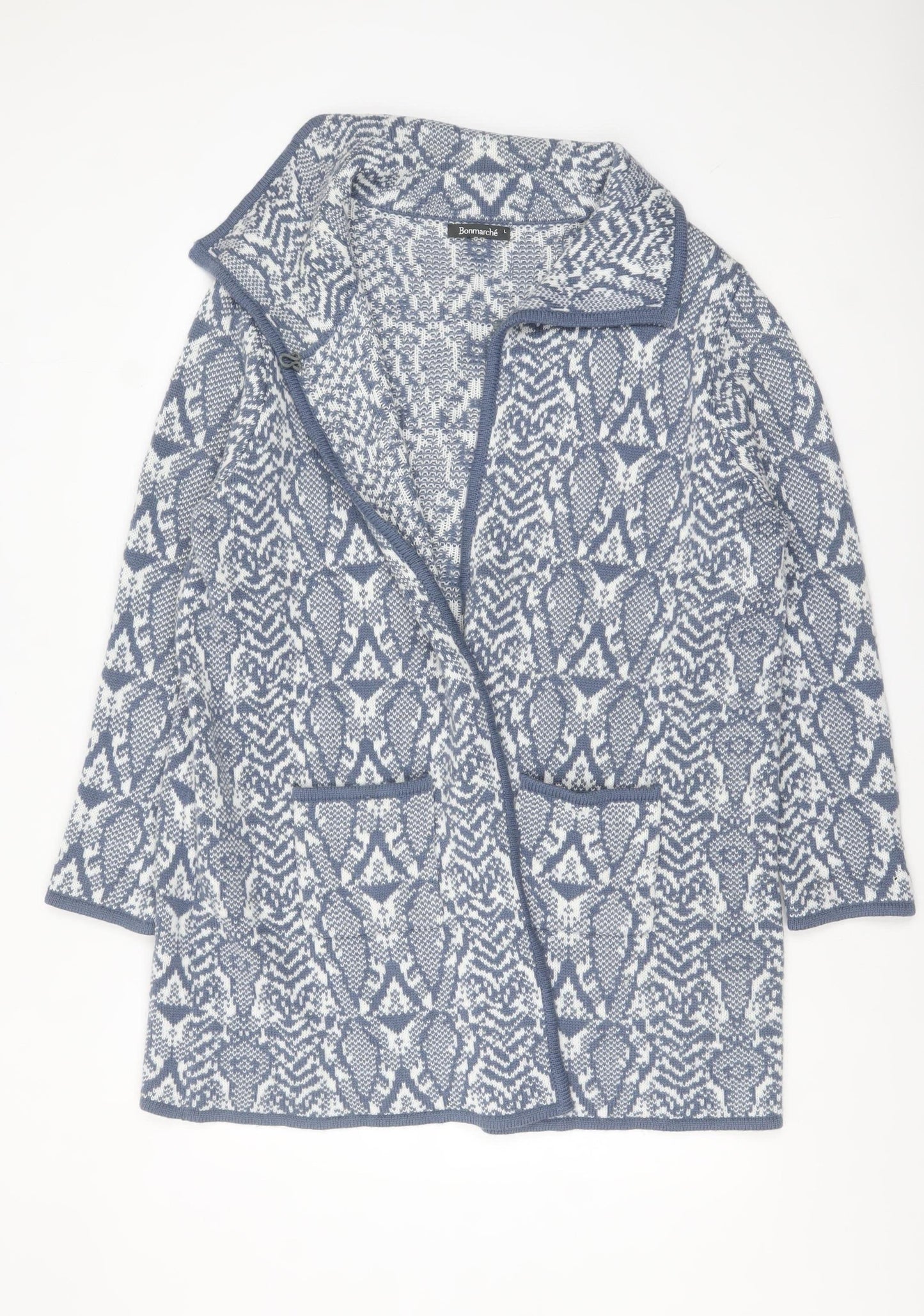 Bonmarché Women Blue Animal Print Collared Knit Cardigan L