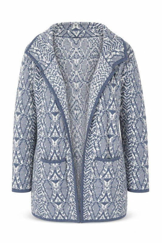 Bonmarché Women Blue Animal Print Collared Knit Cardigan L