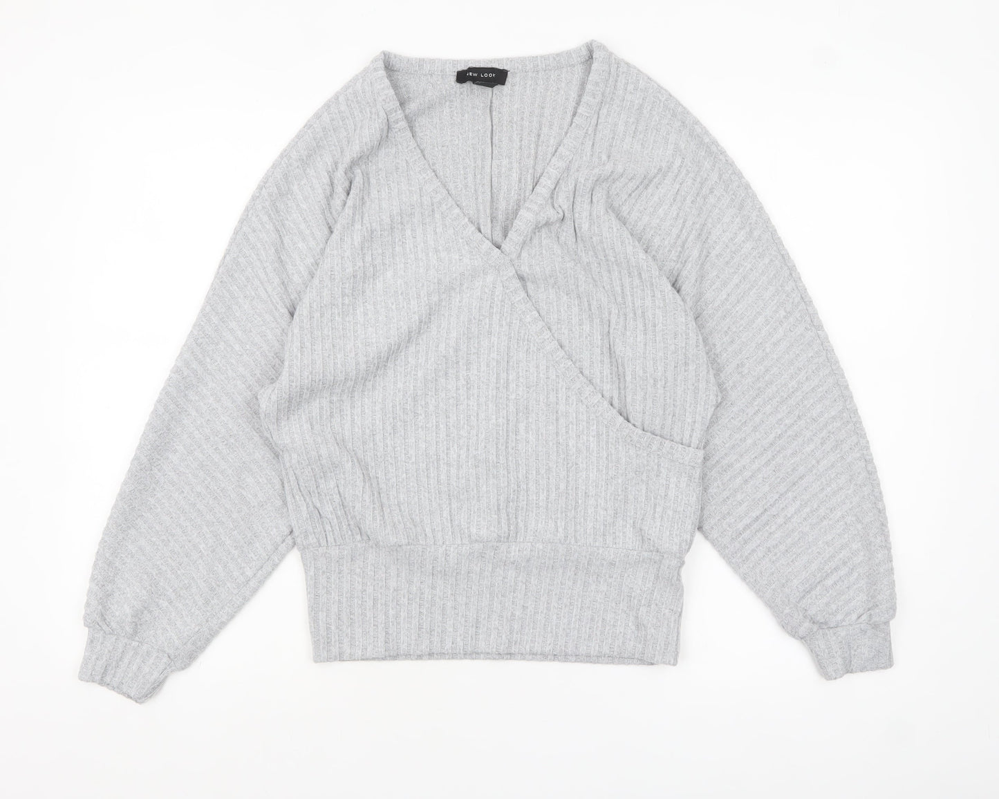 New Look Women Grey V-Neck Ribbed Pullover Jumper Size S