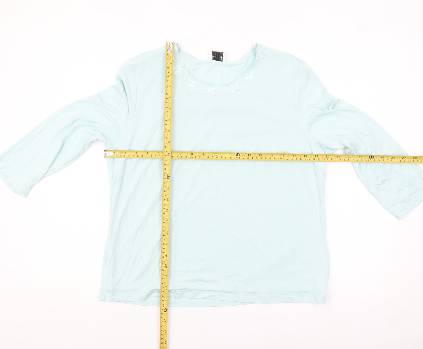 Eastex Women Blue 3/4 Sleeve Embroidered Round Neck Pullover Jumper Size 16