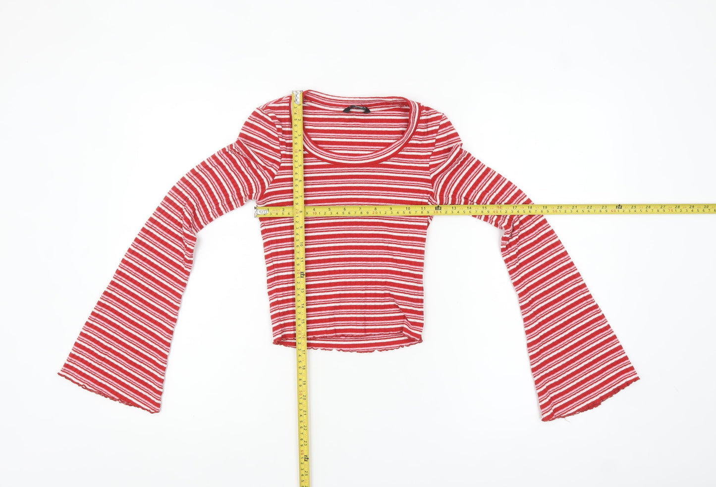 Monki Women Red Striped Cropped Long Sleeve T-Shirt XS