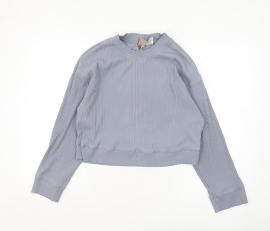 H&M Womens Blue Ribbed Pullover Sweatshirt XS Crew Neck Long Sleeve