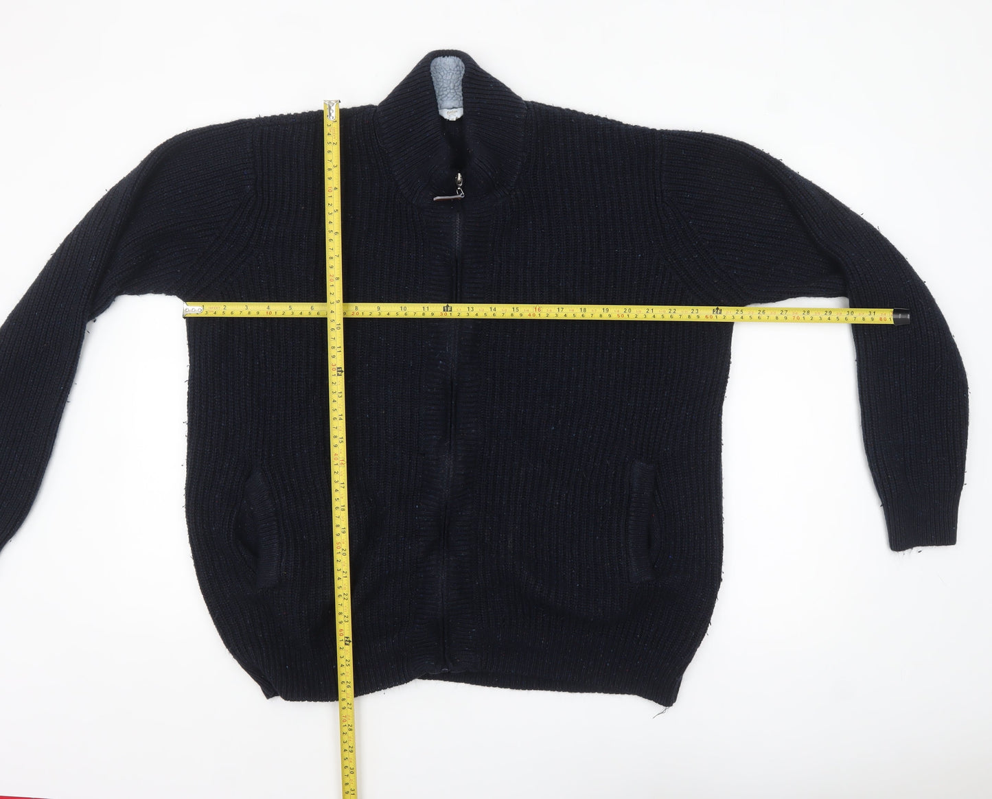 Cotton Traders Men's Blue XL Full Zip Chunky Knit Wool Jumper