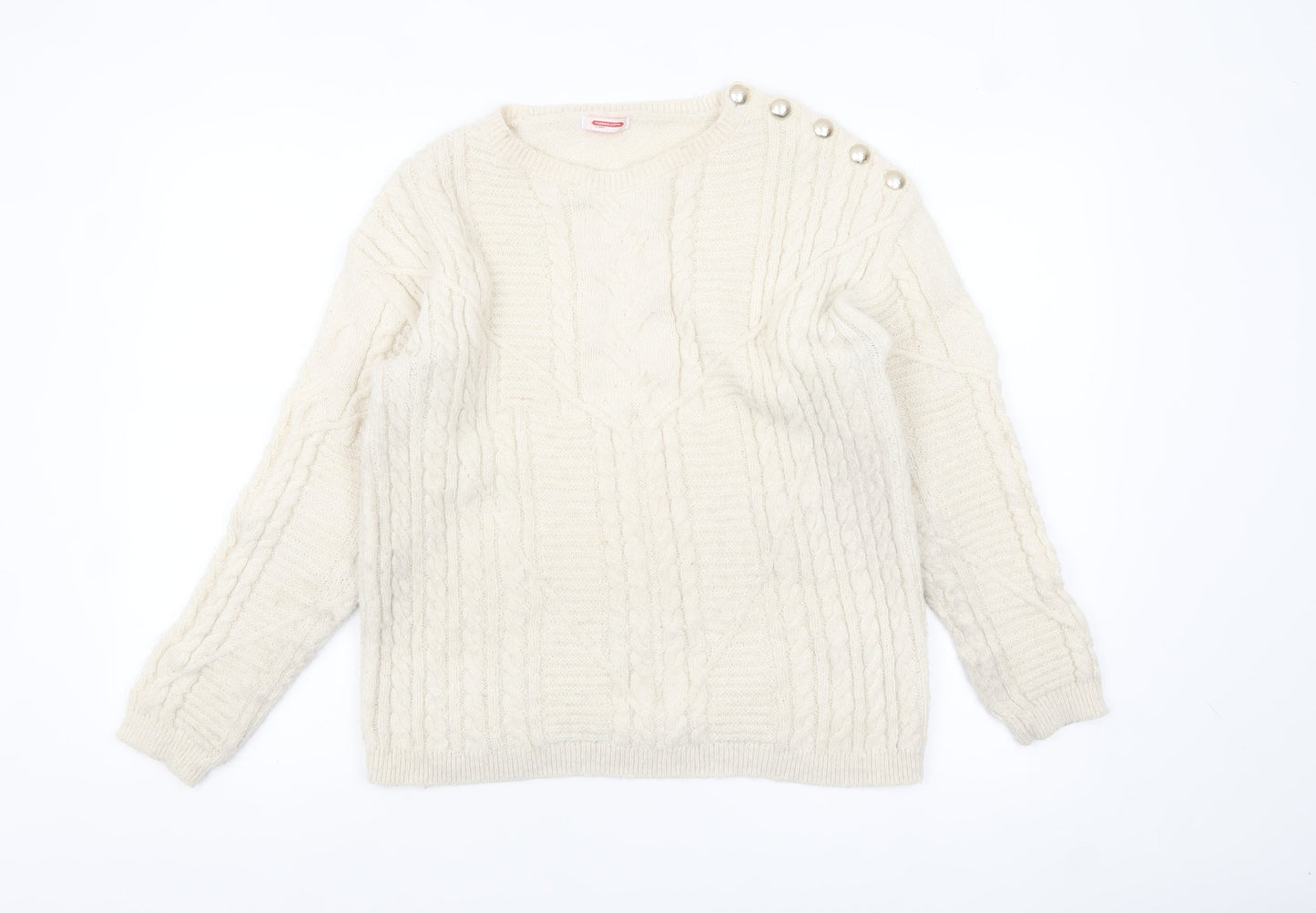 Damart Women’s Ivory Cable-Knit Jumper Size 10 Crew Neck Winter Pullover