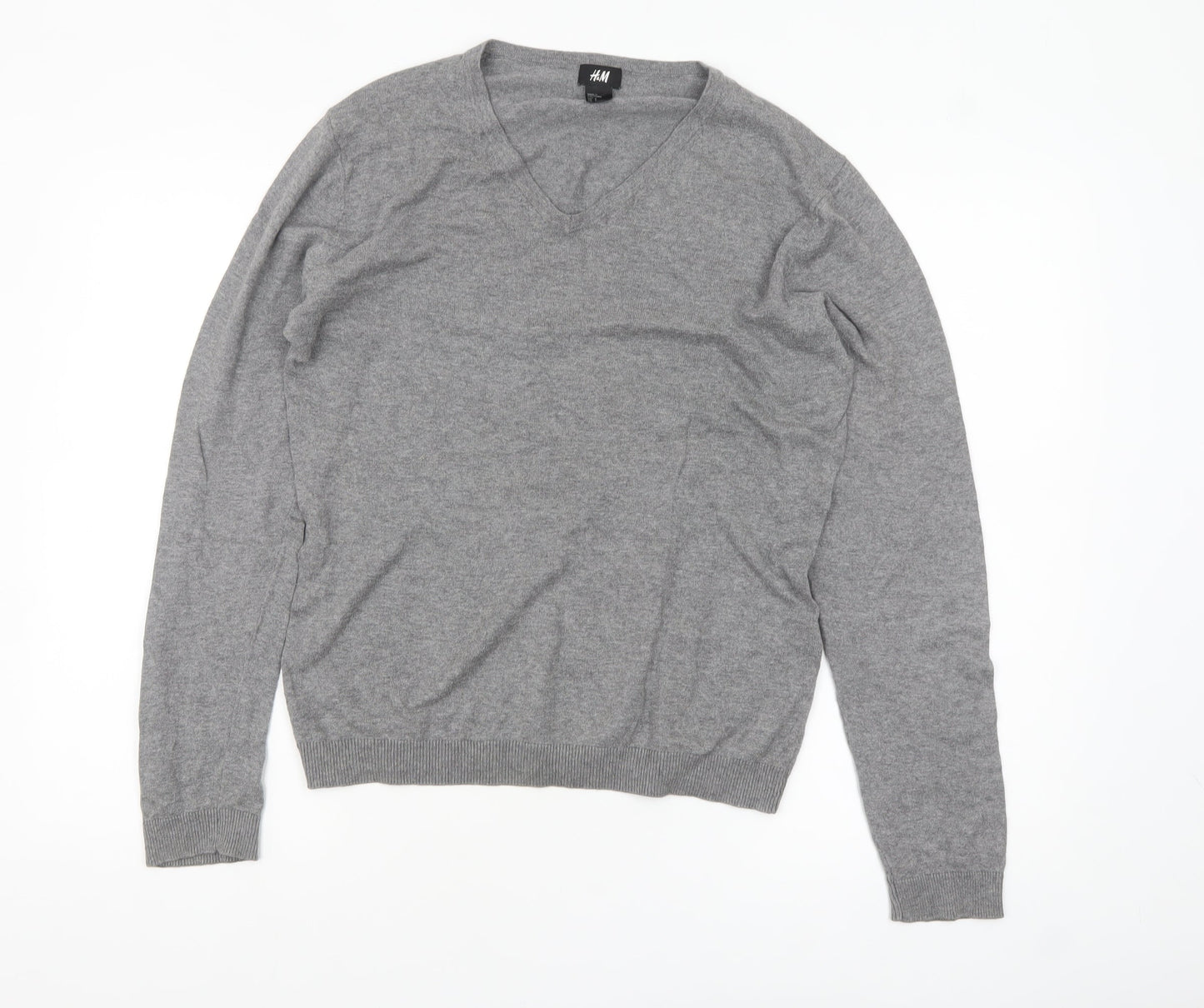 H&M Women's Grey V-Neck Cotton Cashmere Jumper Size S
