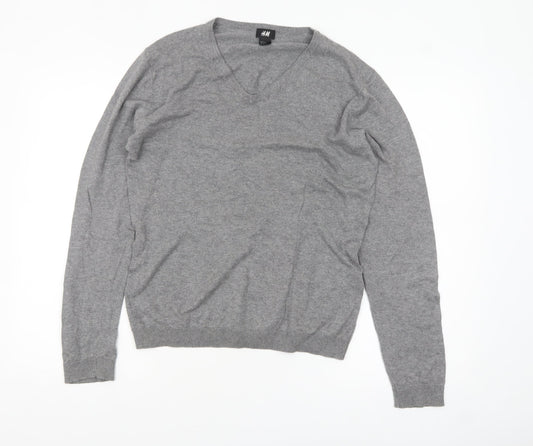 H&M Women's Grey V-Neck Cotton Cashmere Jumper Size S