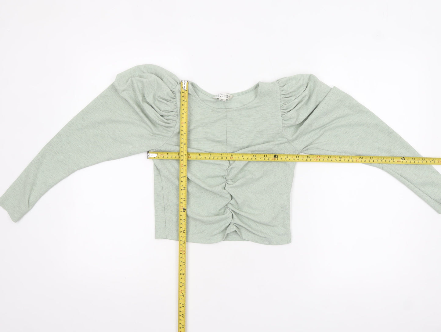 Miss Selfridge Women's Green Puff Sleeve Ruched Cropped Blouse Size 8