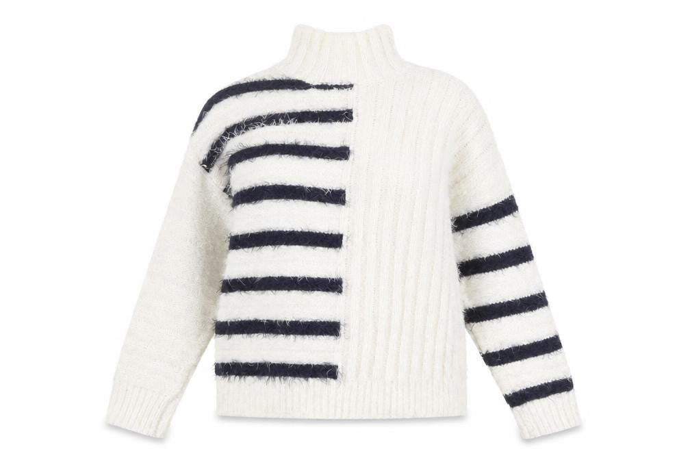 Marks & Spencer Women’s White Striped High Neck Chunky Knit Jumper Size S