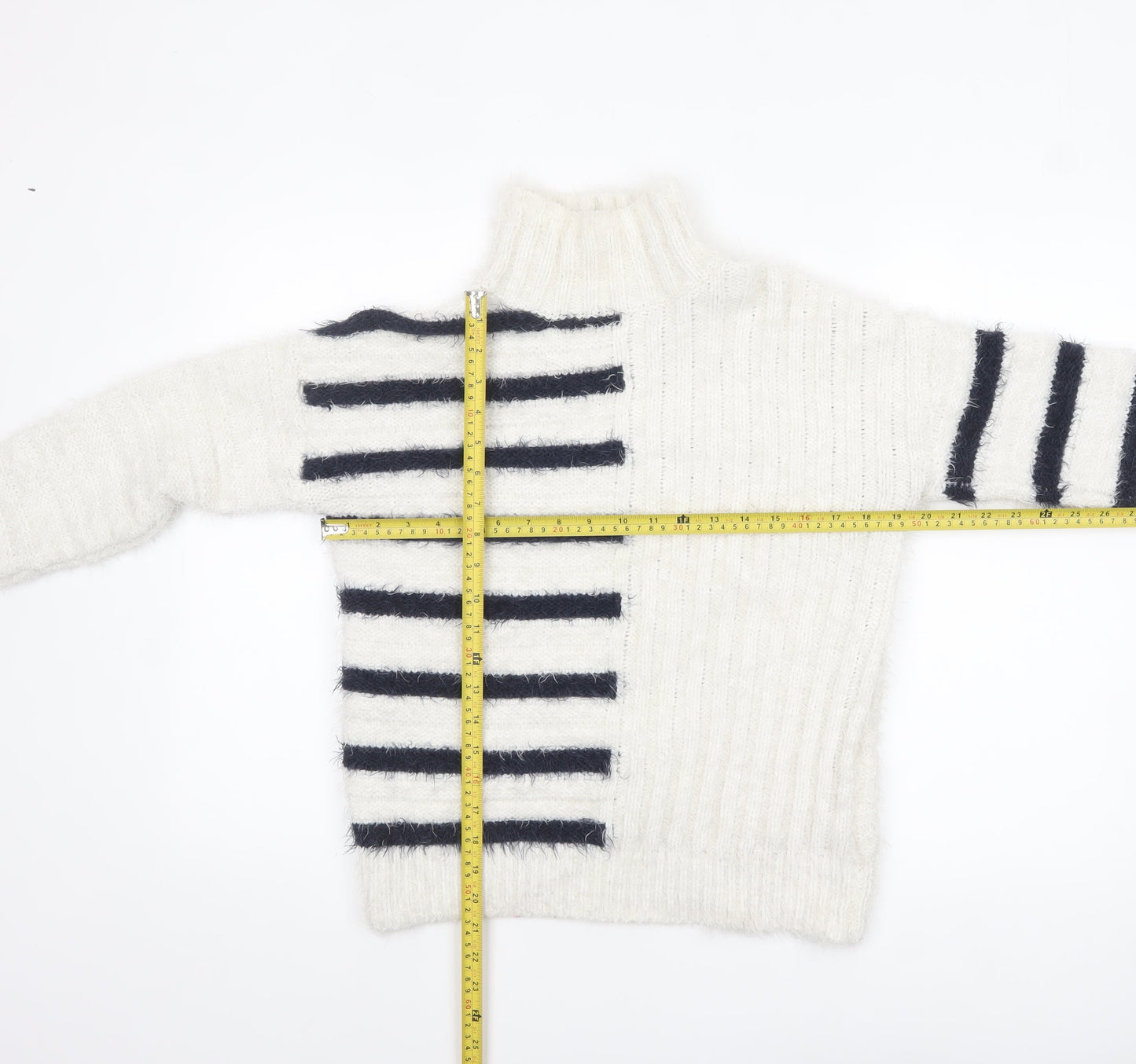 Marks and Spencer Women’s White Striped High Neck Chunky Knit Jumper Size S