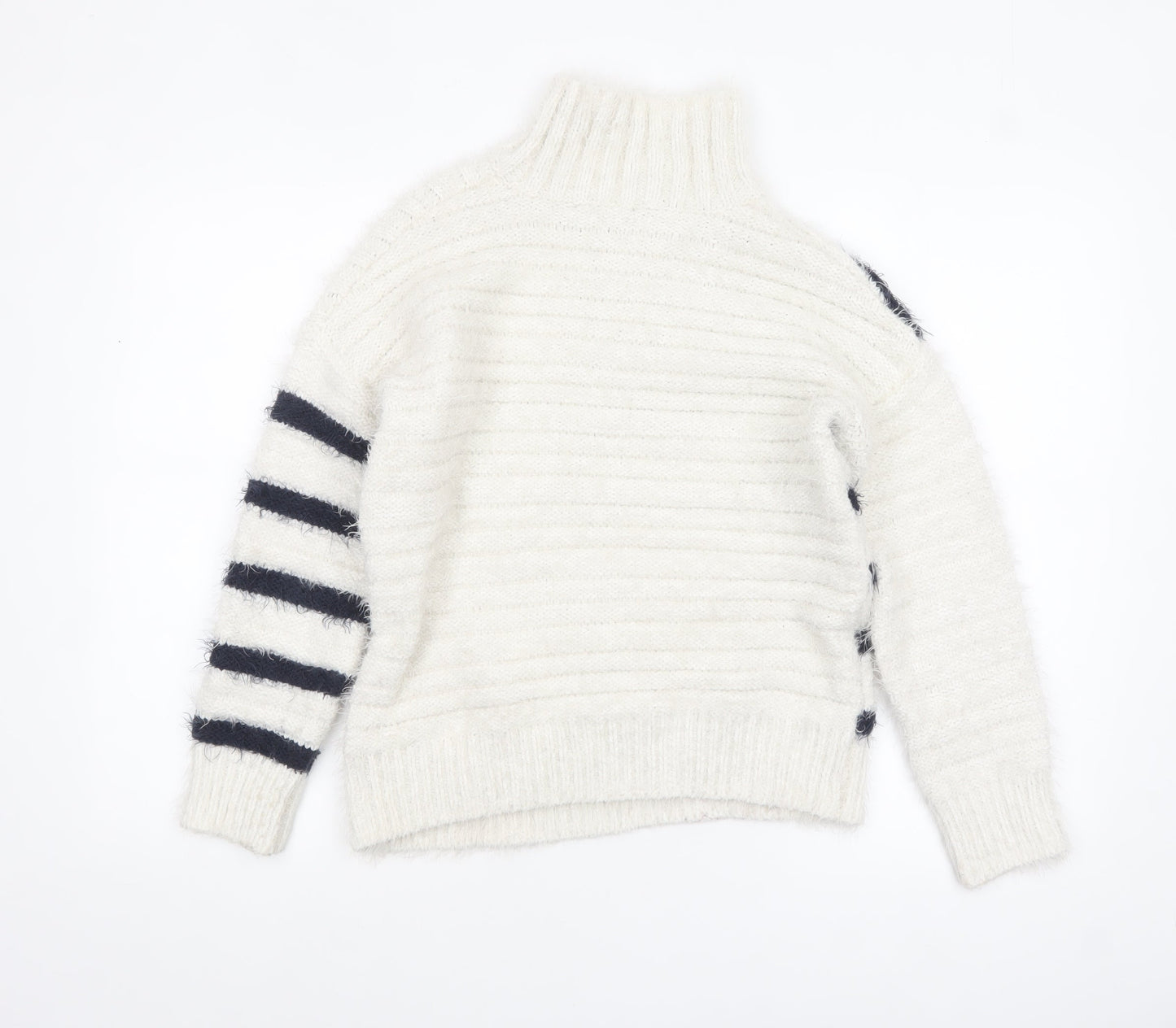Marks and Spencer Women’s White Striped High Neck Chunky Knit Jumper Size S