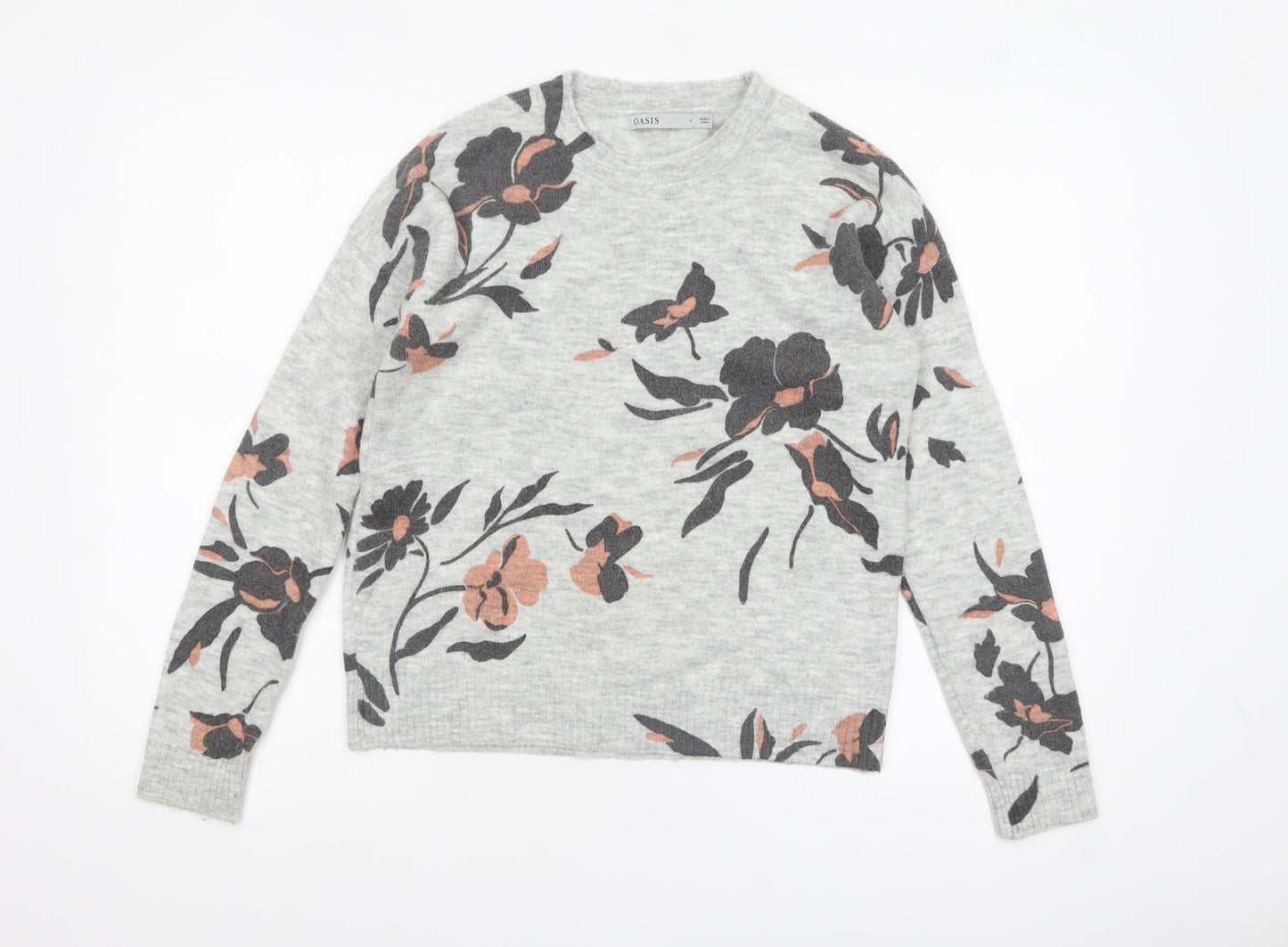 Oasis Womens Grey Floral Knit Pullover Jumper Size S
