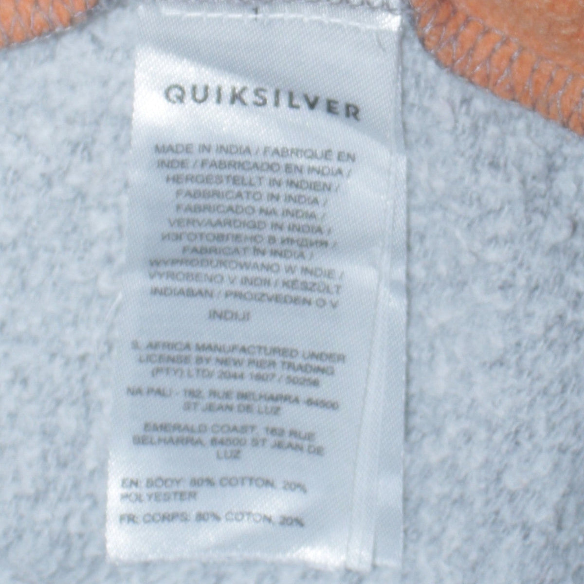 Quiksilver Boys Grey Orange Pullover Hoodie Sweatshirt Size 18-19 Years