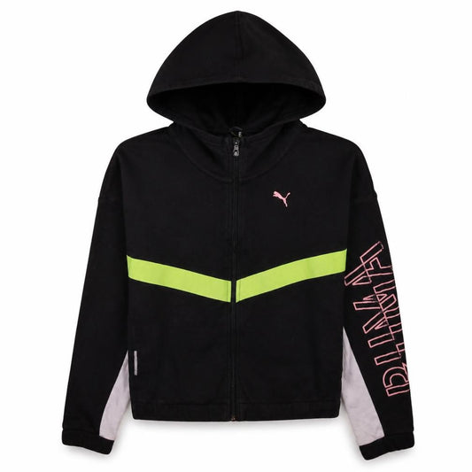 Front view of Puma women’s black full zip hoodie xs hooded graphic sweatshirt
