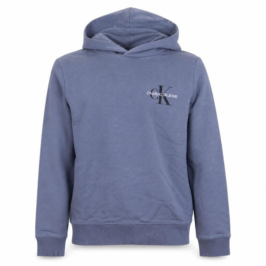 Front view of Calvin Klein Jeans boys’ blue pullover hoodie 12 years logo cotton stretch