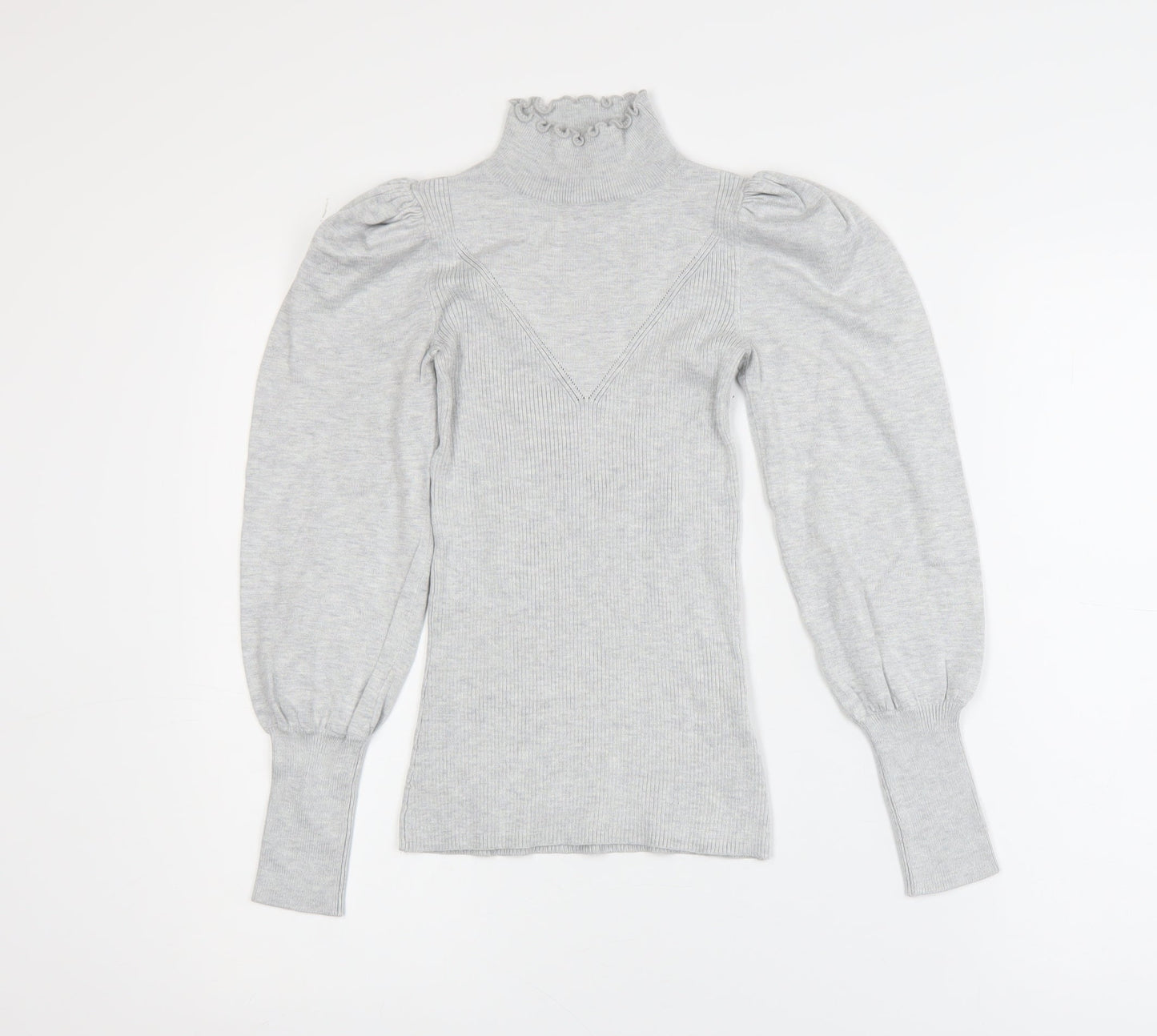 River Island Womens Grey High Neck Puff Sleeve Knit Blouse Size 6