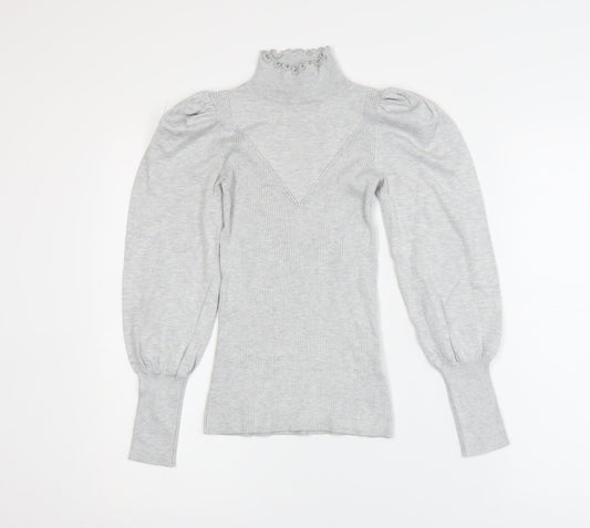 River Island Womens Grey High Neck Puff Sleeve Knit Blouse Size 6