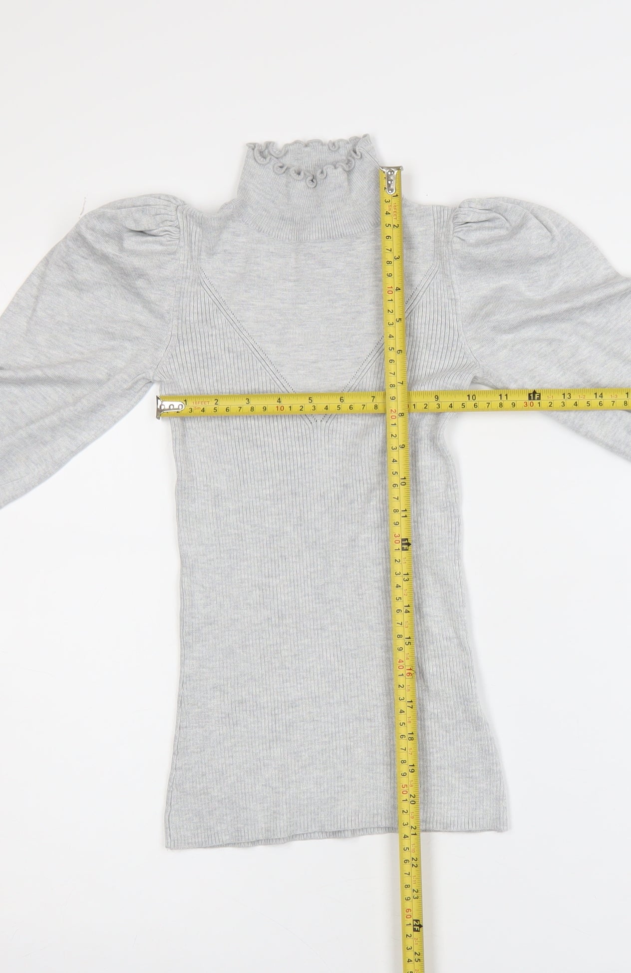 River Island Womens Grey High Neck Puff Sleeve Knit Blouse Size 6
