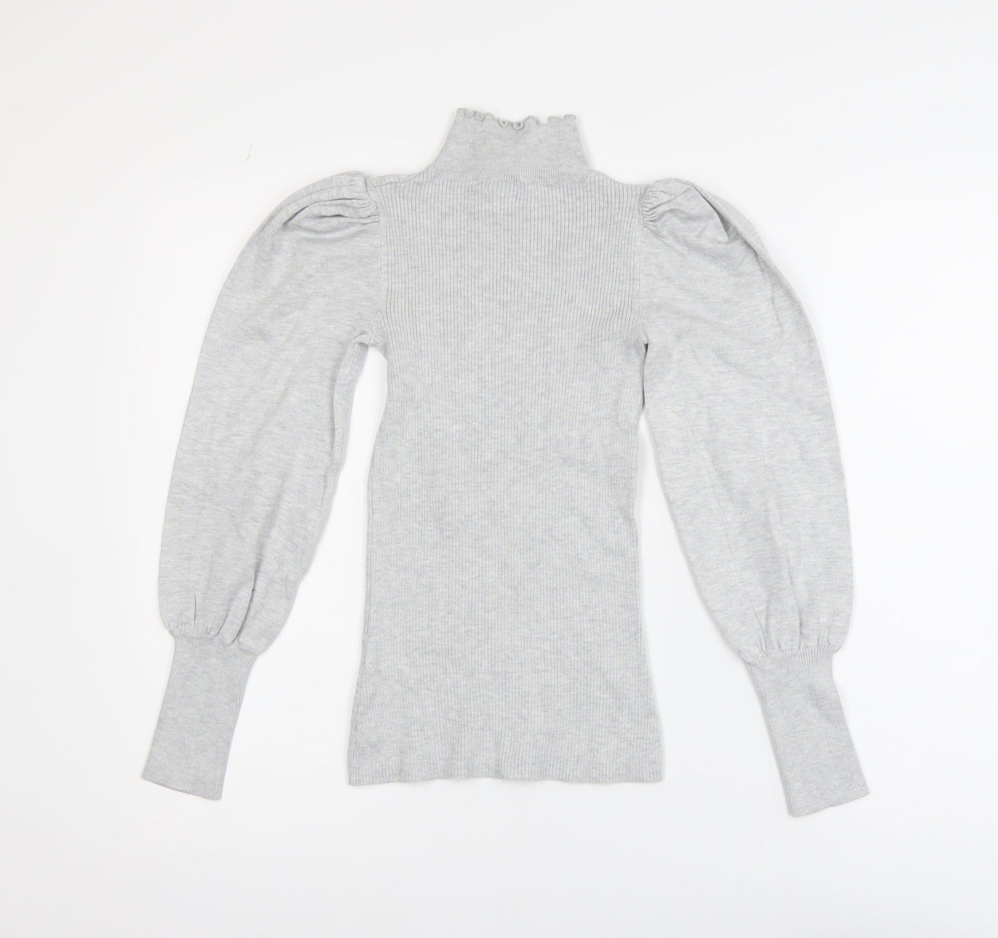 River Island Womens Grey High Neck Puff Sleeve Knit Blouse Size 6