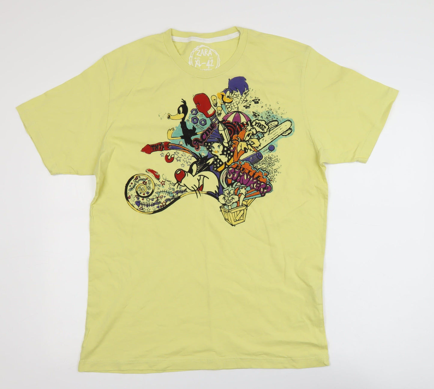 Zara Men Yellow Graphic Cartoon T-Shirt XL Short Sleeve