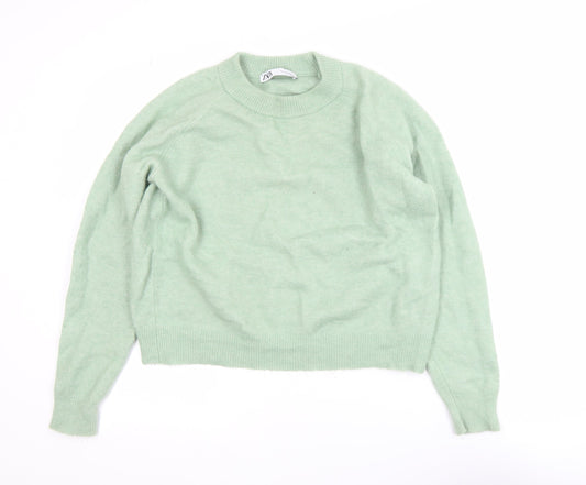 Zara Womens Green Alpaca Wool Blend Crew Neck Pullover Jumper Size 12