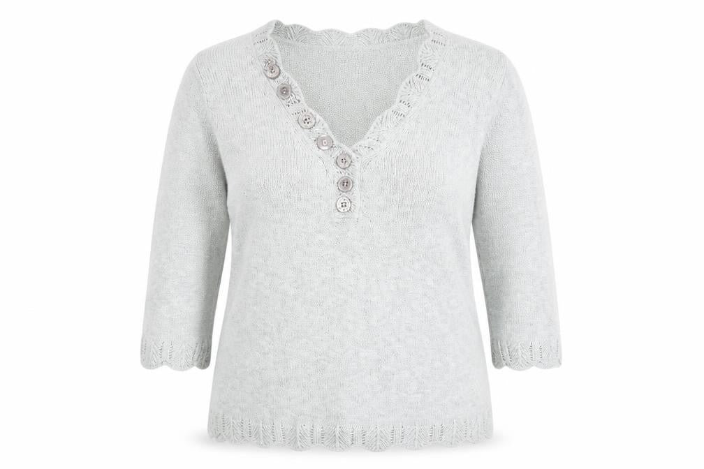 Marks & Spencer Per Una Grey V-Neck Button 3/4 Sleeve Jumper Size 16