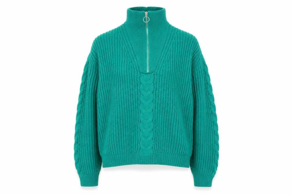 Feelhoo Women's Green Cable-Knit High Neck Full Zip Jumper M