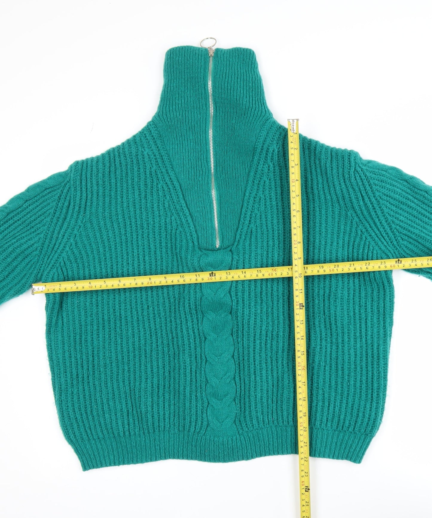 Feelhoo Women's Green Cable-Knit High Neck Full Zip Jumper M