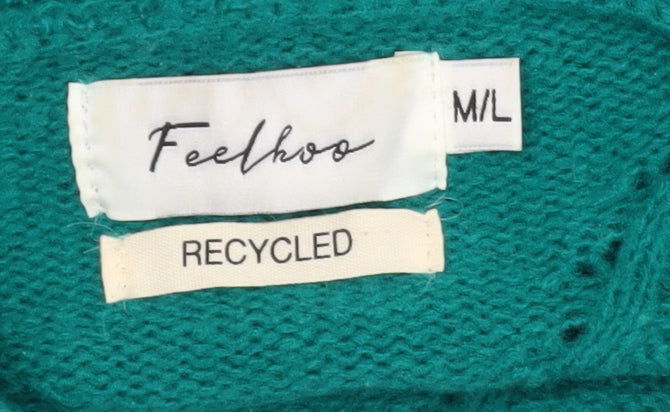 Feelhoo Women's Green Cable-Knit High Neck Full Zip Jumper M