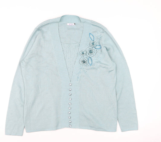 Baluart Women Blue Cardigan Floral Beaded Button Front Size 12
