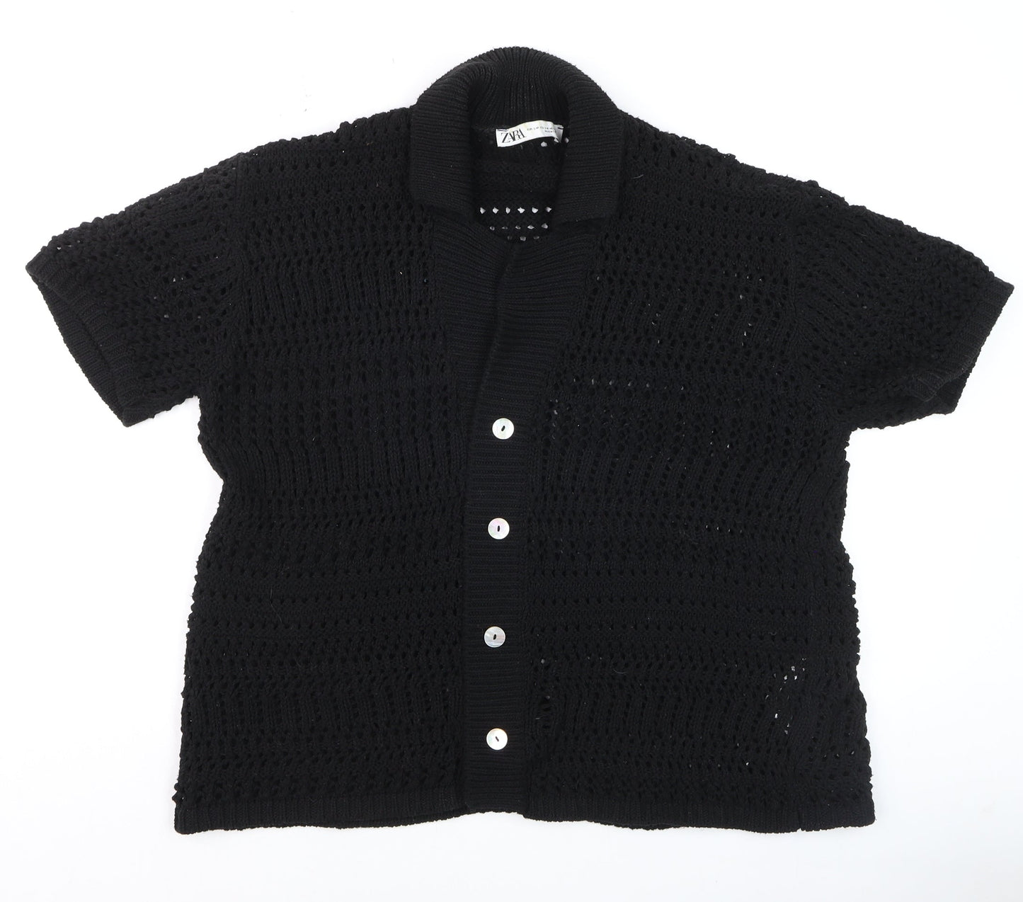 ZARA Women Black Crochet Knit Short Sleeve Cardigan S-M