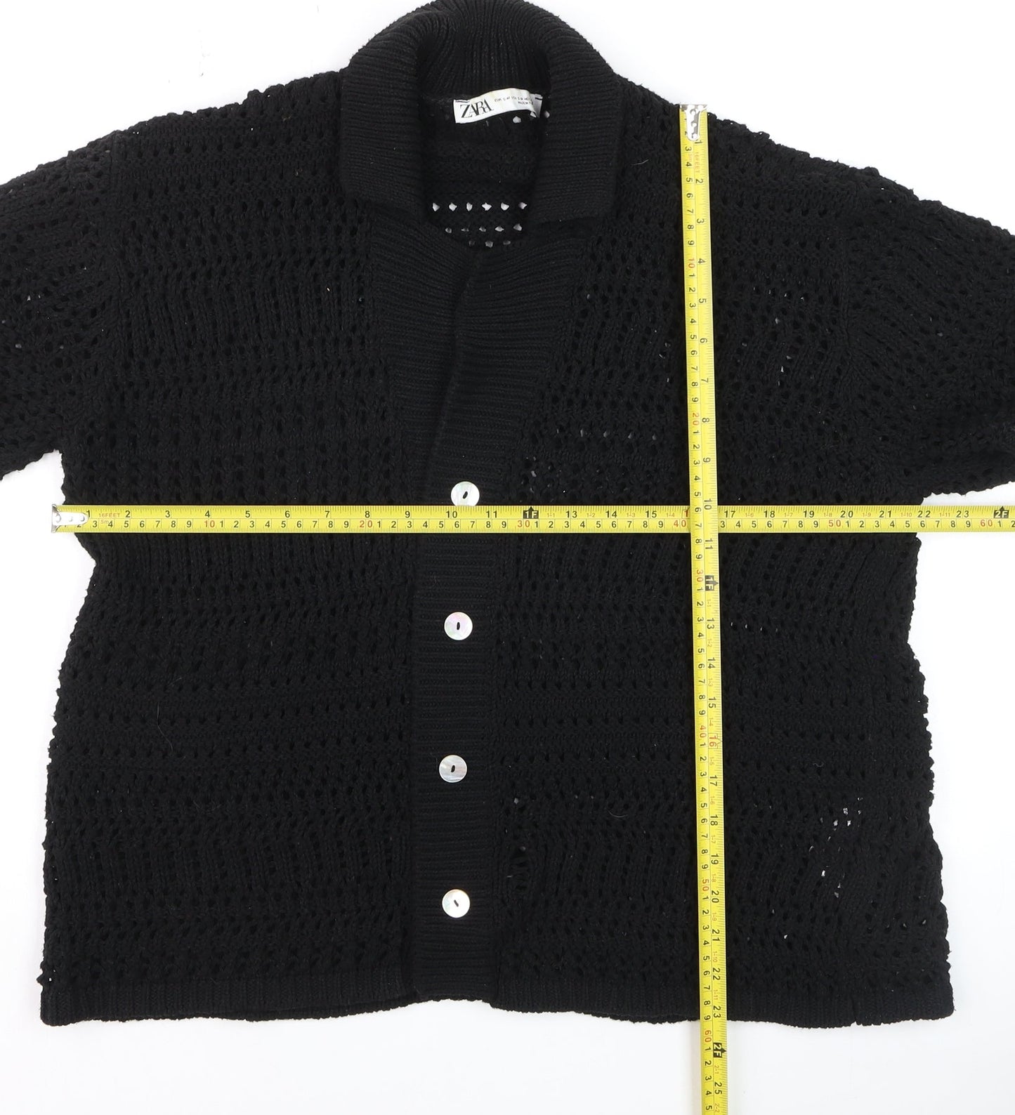 ZARA Women Black Crochet Knit Short Sleeve Cardigan S-M