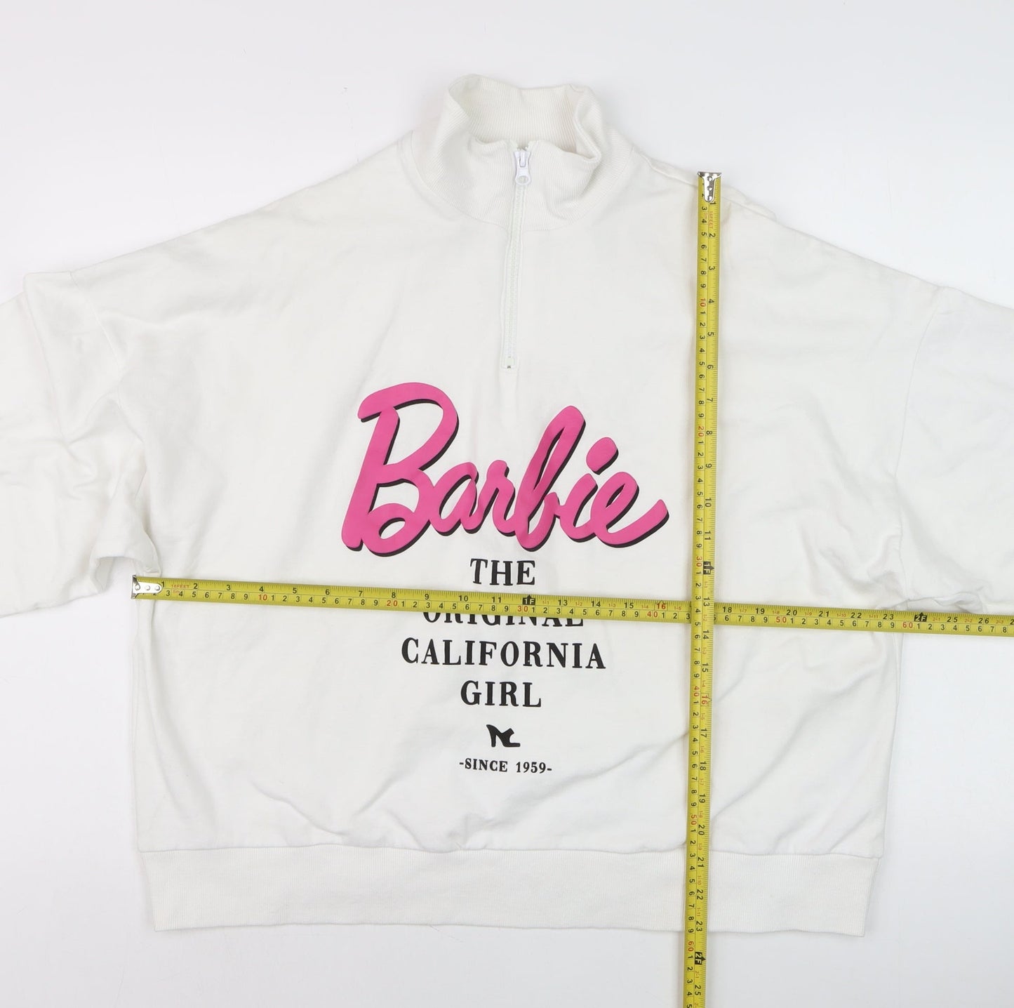 ASOS Design Barbie White 1/4 Zip Sweatshirt Women UK 10 Cotton Blend