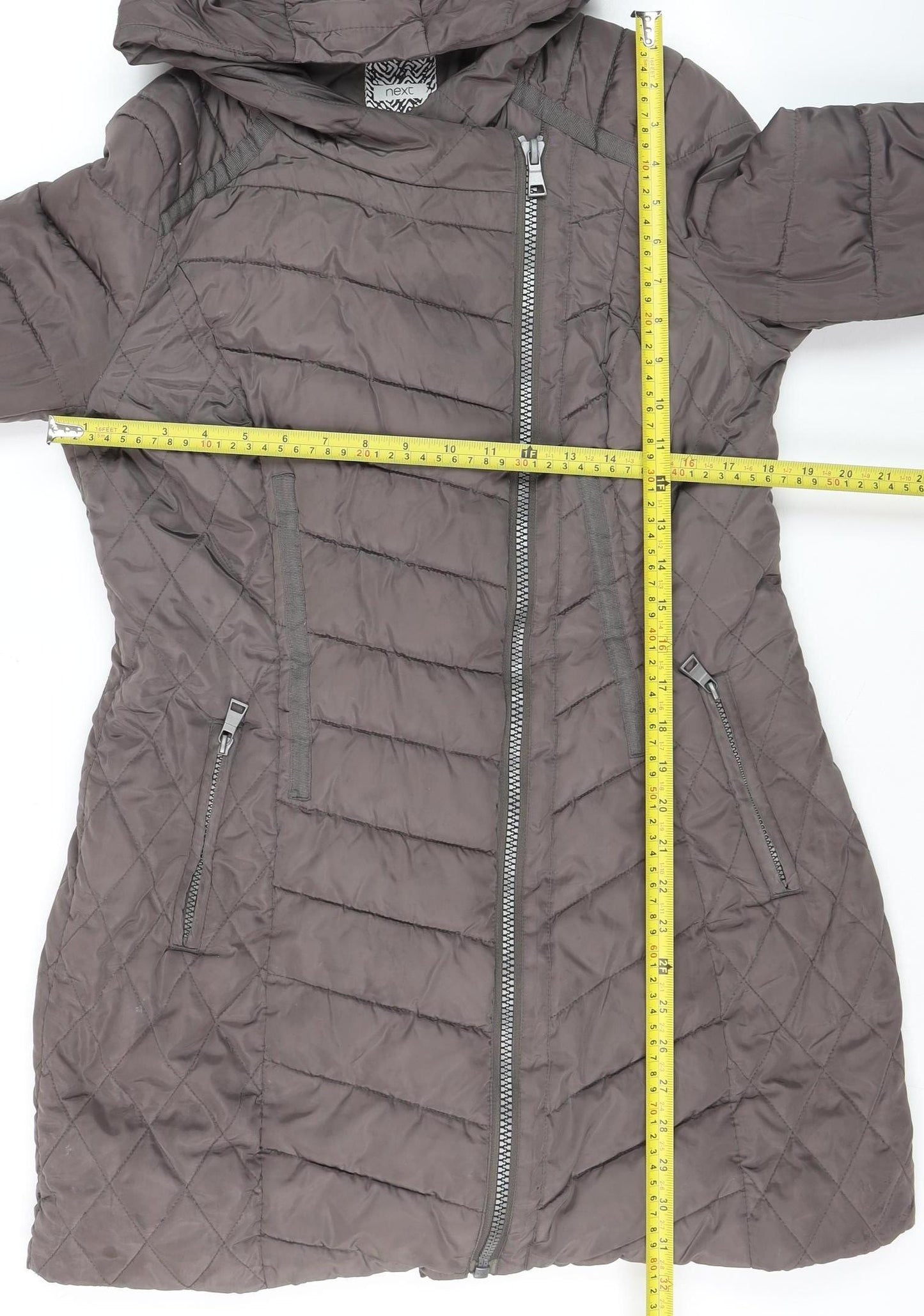 Next Womens Grey Hooded Puffer Coat Size 10 Mid-Length Quilted Zip Jacket