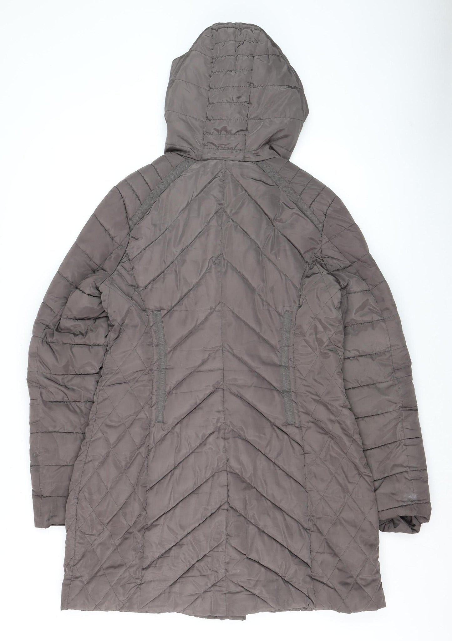 Next Womens Grey Hooded Puffer Coat Size 10 Mid-Length Quilted Zip Jacket