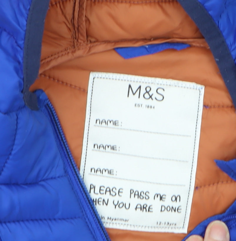 Marks and Spencer Boys Blue Hooded Puffer Jacket 12-13 Years Winter Casual