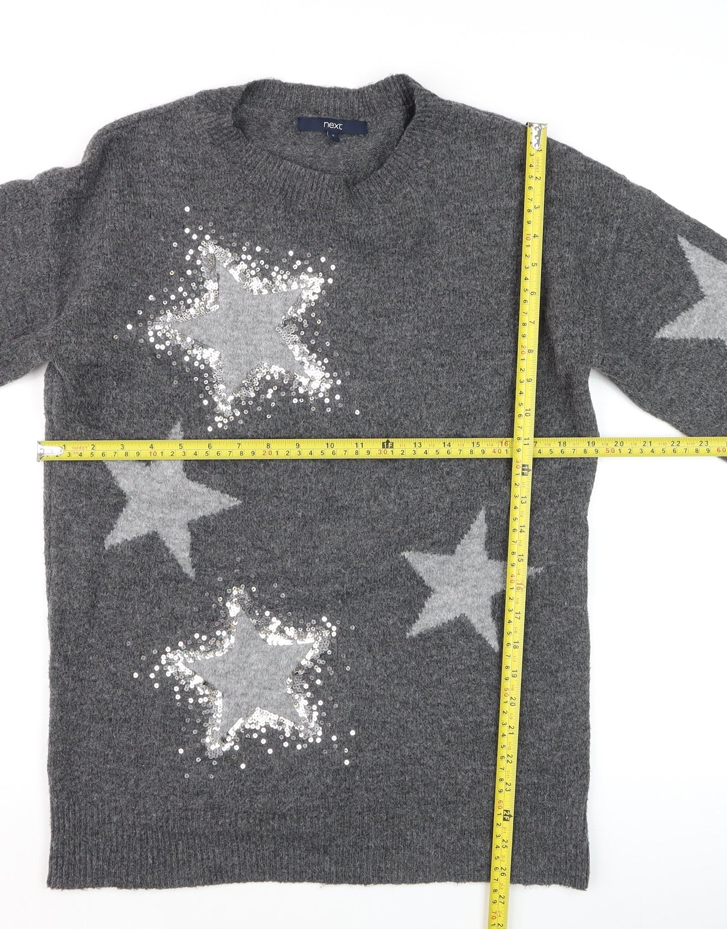 Next Women Grey Sequin Star Jumper Size S Long Sleeve Knit