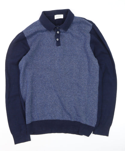 Additional front view of Easy Men’s Blue Collared Henley Knit Jumper, size S