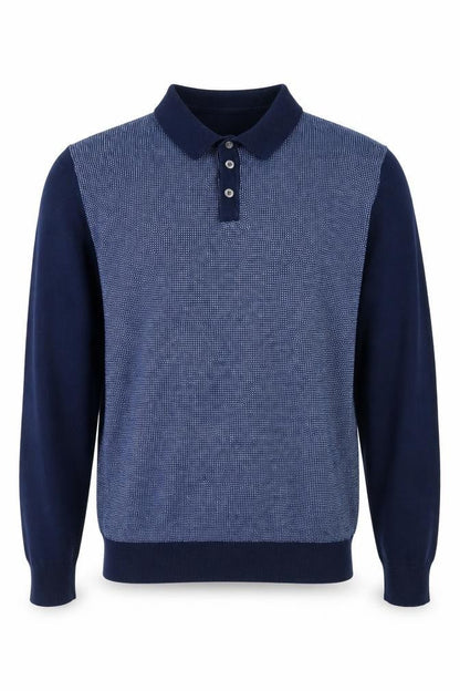 Front view of Easy Men’s Blue Collared Henley Knit Jumper, size S