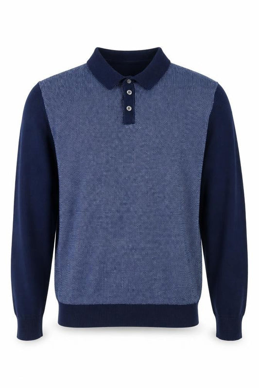 Front view of Easy Men’s Blue Collared Henley Knit Jumper, size S