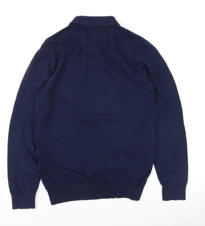 Close-up detail of Easy Men’s Blue Collared Henley Knit Jumper, size S