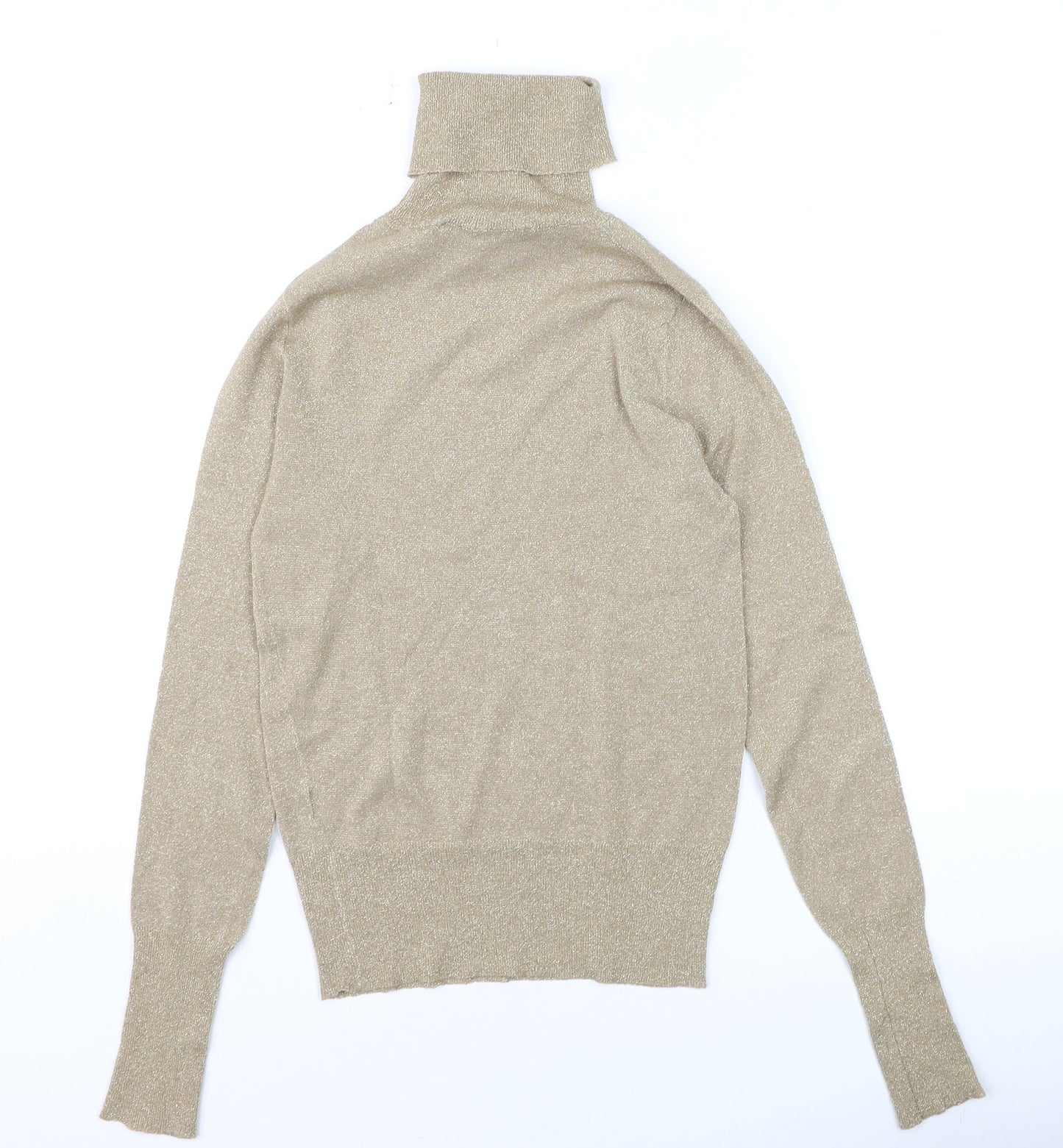 Zara Women Beige Glitter Roll Neck Knit Long Sleeve Top S