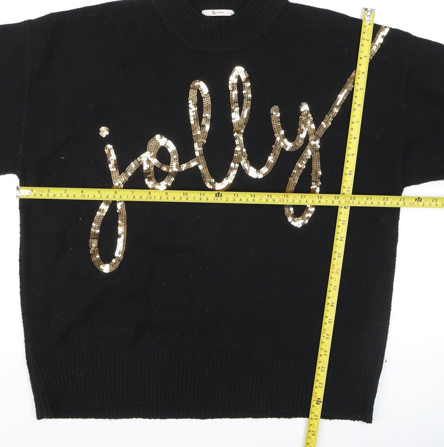 Tu Women Black Sequin 'Jolly' Christmas Jumper Size 14 High Neck