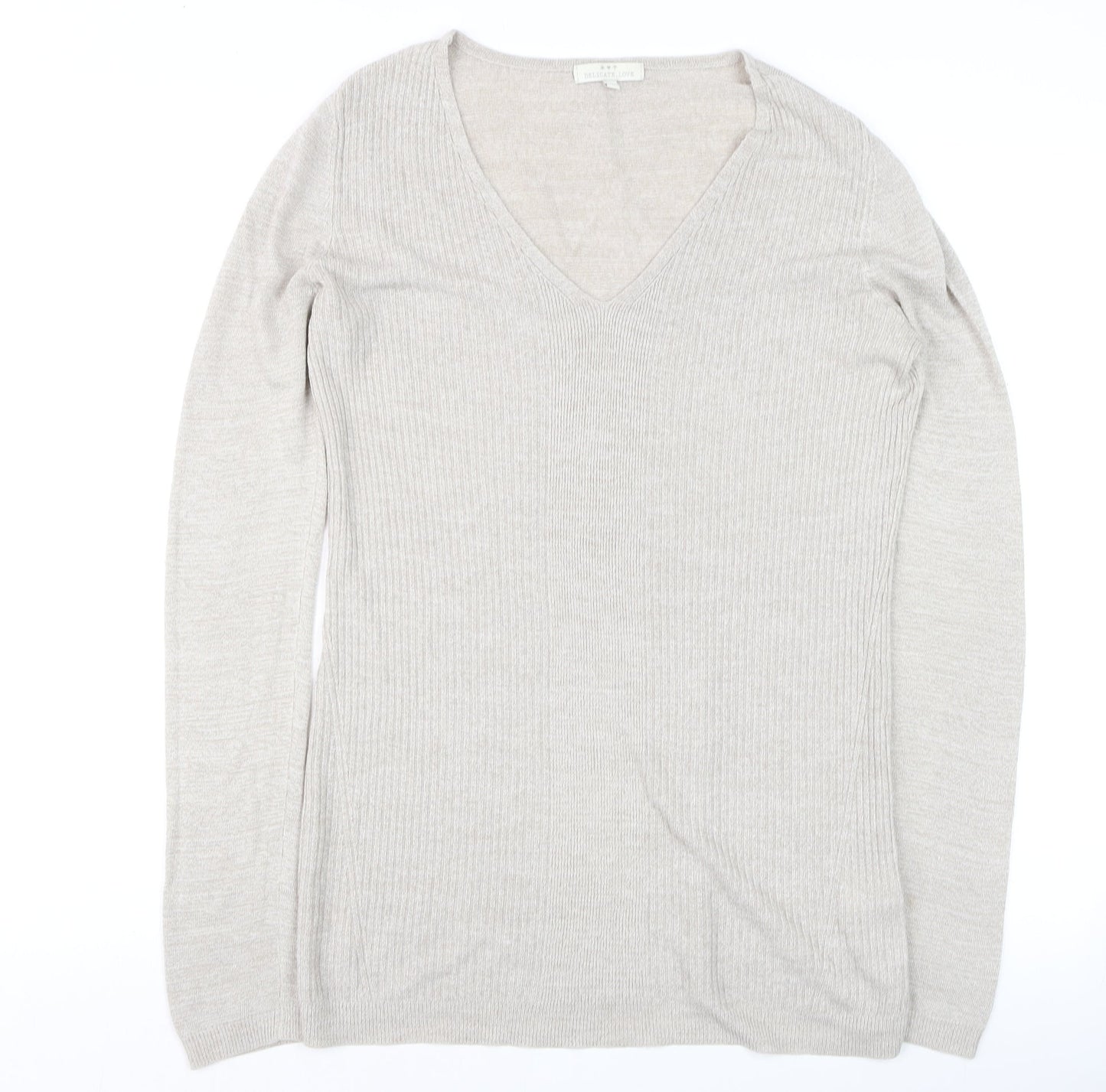 Delicate Love Womens Beige V-Neck Long Sleeve Pullover Jumper M