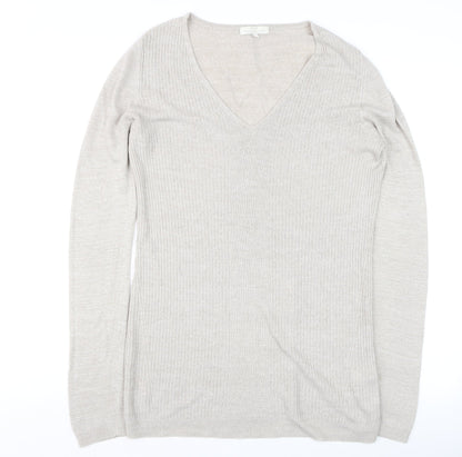 Delicate Love Womens Beige V-Neck Long Sleeve Pullover Jumper M