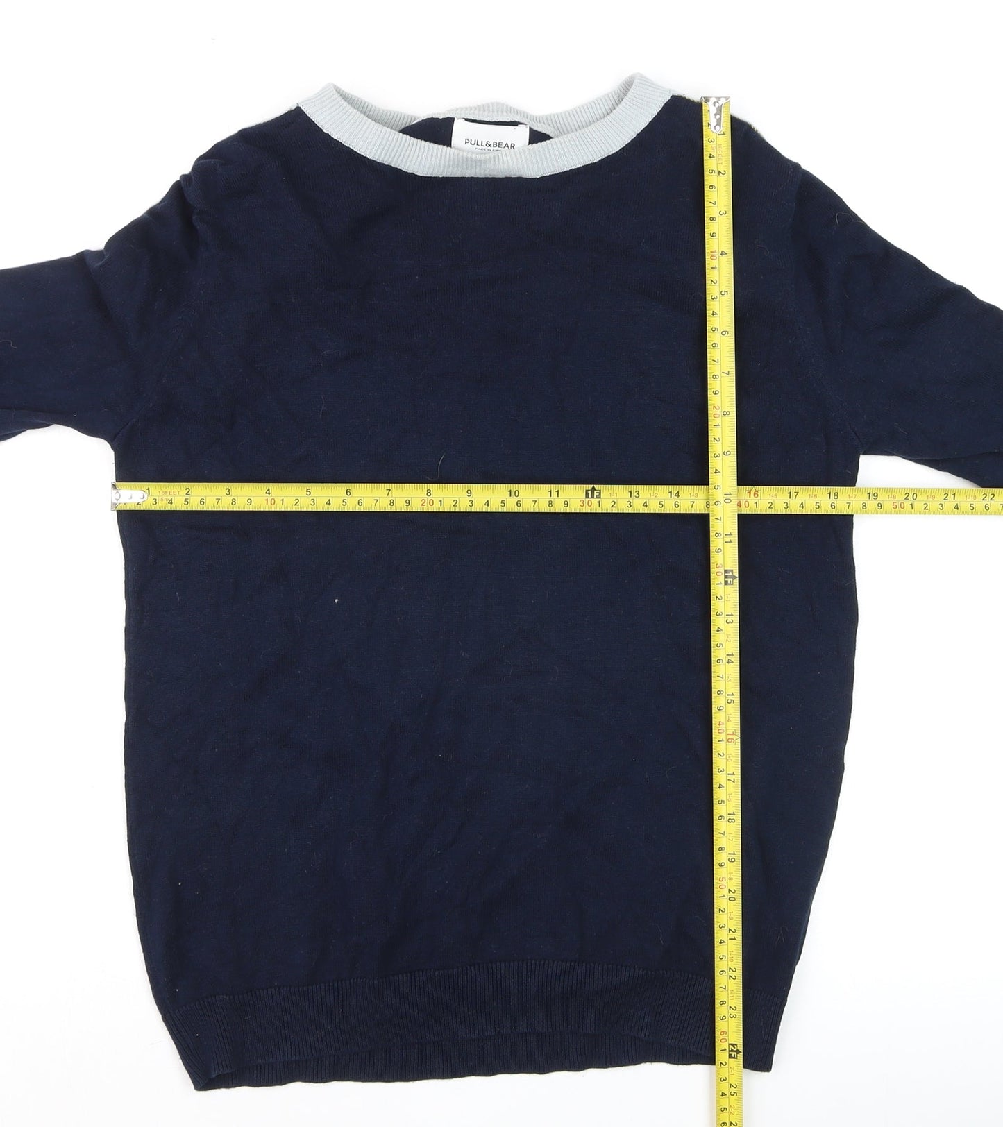 Pull&Bear Men's Blue Striped Crew Neck Jumper Size M