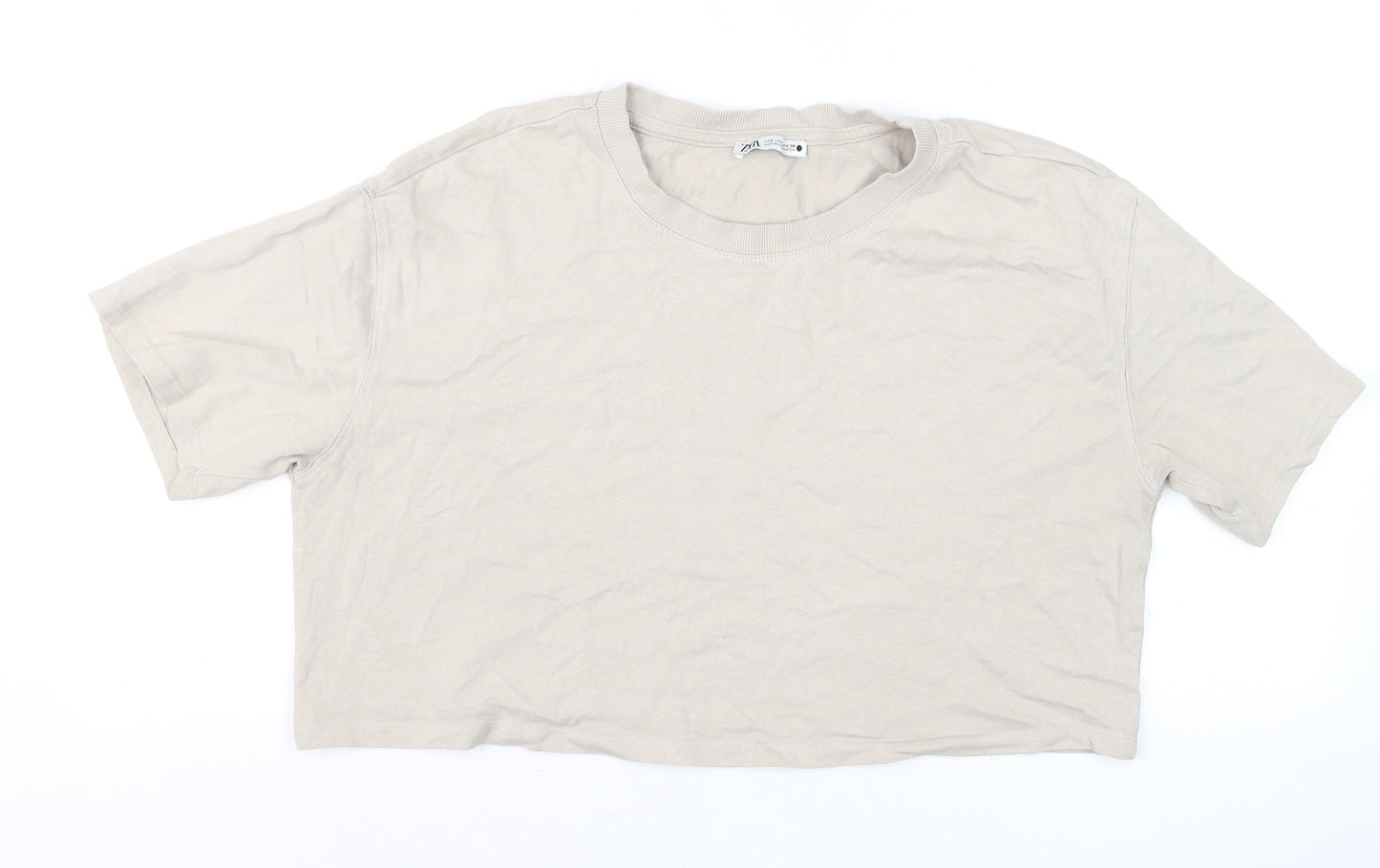 Zara Women Beige Cropped T-Shirt Short Sleeve Cotton M
