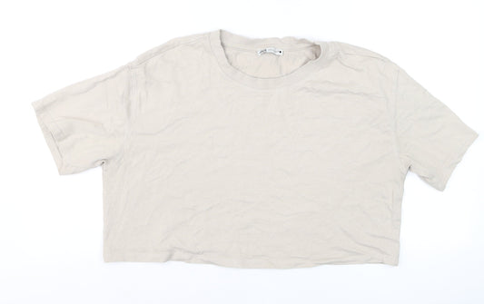 Zara Women Beige Cropped T-Shirt Short Sleeve Cotton M