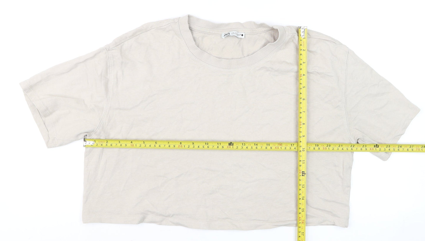 Zara Women Beige Cropped T-Shirt Short Sleeve Cotton M
