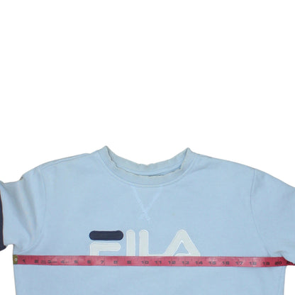 Close-up detail of Fila Women's Light Blue Crew Neck Logo Sweatshirt, size S
